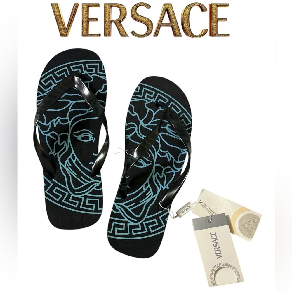 Versace Black and Blue Medusa Flip Flops